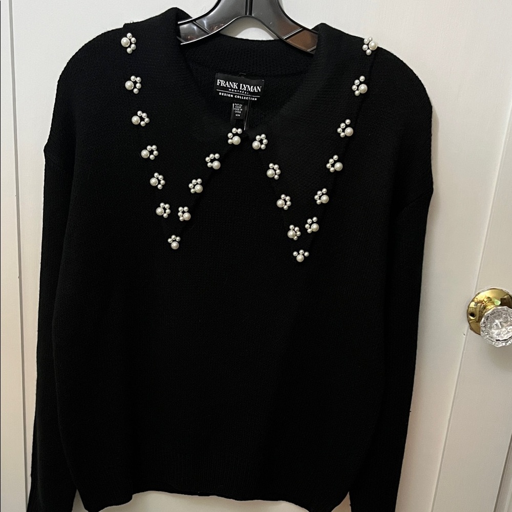 FRANK LYMAN Black V-Neck Sweater with Pearl Details